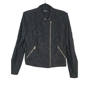 DKNY Black Lace Moto Jacket Gold Zipper Collarless Women's Size‎ Medium